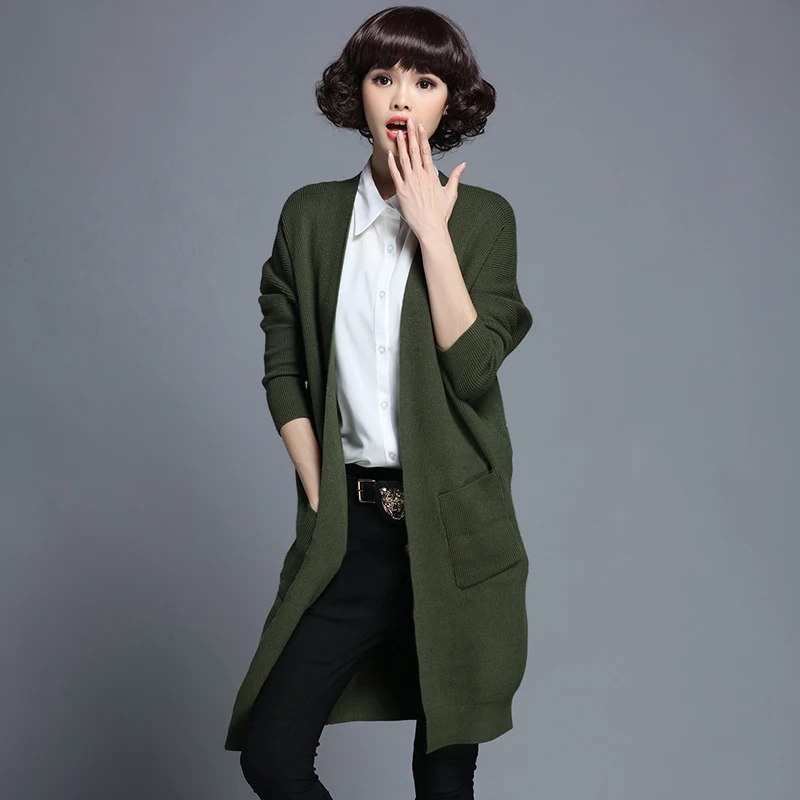 Batwing sleeve pocket solid color new 2016 cashmere fashion warm plus size open stitch high elastic long sections of cardigan
