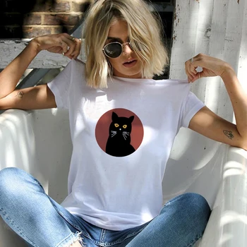 

Showtly Harajuku cat cartoon cotton cute short-sleeved T-shirt female summer fashion bf couple large size S-3XL casual T Shirt