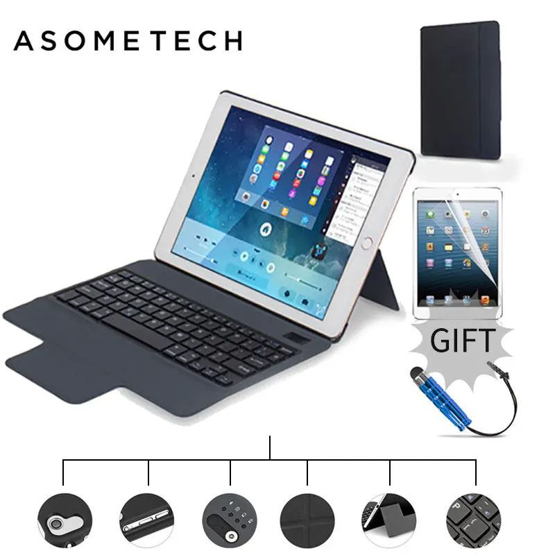 For iPad Air 1 2 pro 9.7'' Wireless Bluetooth Keyboard Case ABS Keyboard Portfolio Folio PU Leather Case Cover for 2017 new ipad