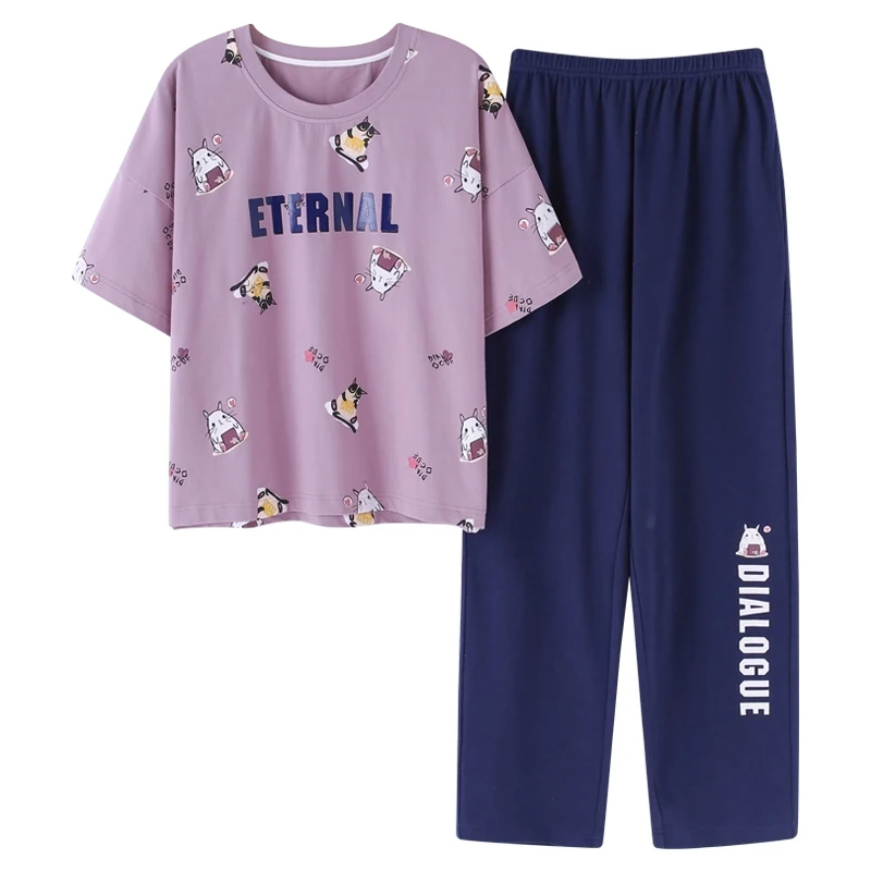 Футболки с короткими рукавами, лиловая, топы+ синие длинные штаны, пижамные комплекты хлопчатобумажная одежда для сна больших размеров M-XXL Пижама с рисунком Женская летняя обувь, одежда для сна