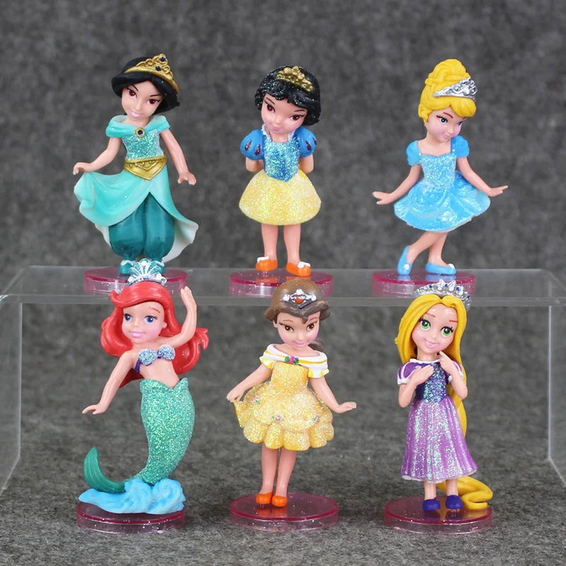 

6pcs/lot 9cm Princess Figure Toy with Pink Base Snow White Tangled Mermaid Cinderella Ariel Kid Toys Gift or Cake Decoration