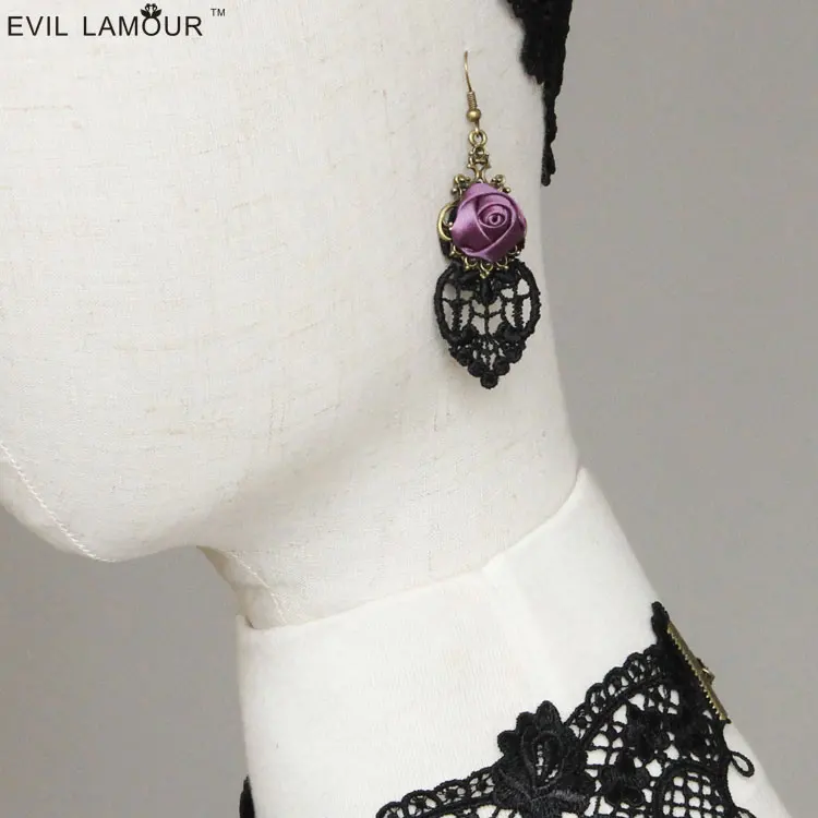 

Princess goths Lolita earrings vintage black lace wedding dress accessories purple rose copper drop earrings EH-14