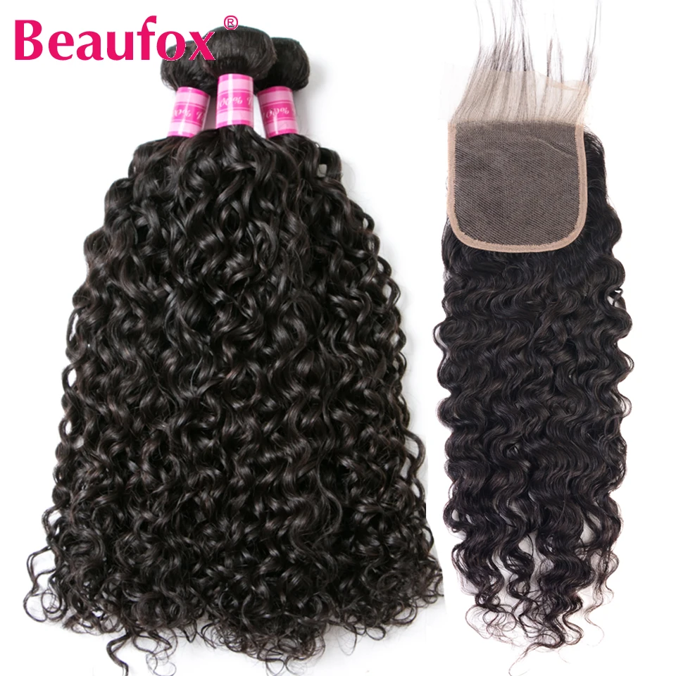 Beaufox Water Wave Bundles With Closure Remy Human Hair Bundles With Closure Brazilian Hair Weave Bundles With Closure 4pcs/Lot