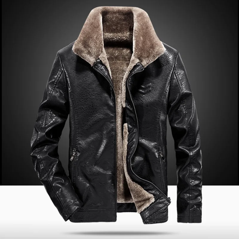

YuWaiJiaRen Winter Men's Fur Leather Jacket Casual Thick Warm Motorcycle Faux Leather Mens Artificial PU Leather Coat