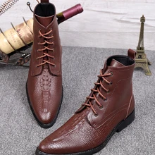 Аллигатора Для мужчин на толстом каблуке Модные ботильоны обувь осень-зима Человек платье Свадебная вечеринка мотоботы обувь Hombre