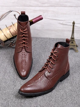 

Alligator Men Thick Heeled Fashion Ankle Boots Shoes 2018 Autumn Winter Man Dress Wedding Party Motorcycle Boots Shoes Hombre