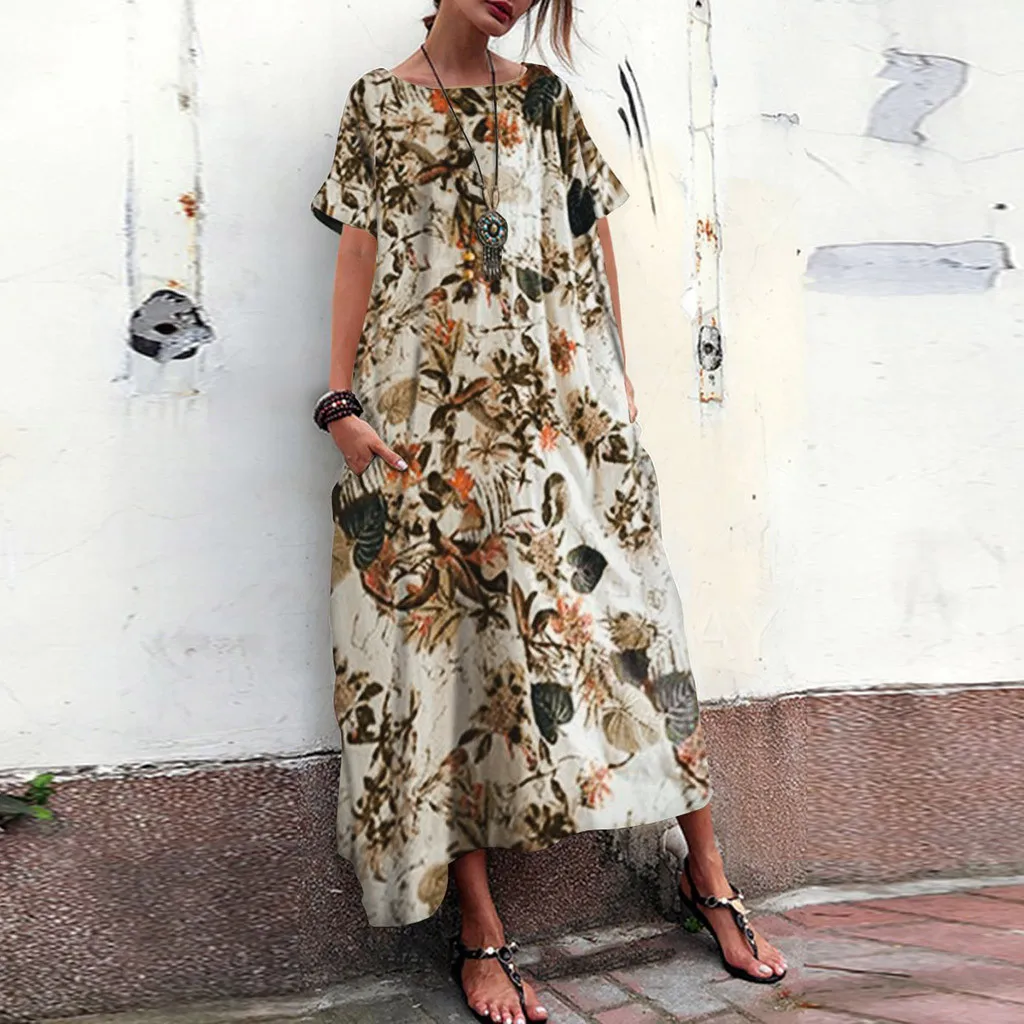 

Women Summer Dress Boho Floral Printed O -start Bags Lots Party Maxi Kaftan Linen Clothes Casual Summer Beach Dress 2019 New
