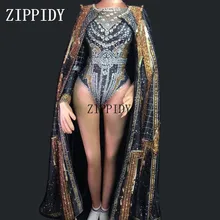 Siyah altın Glisten Rhinestones streç Leotard pelerin şarkıcı dansçı kostüm partisi gösterisi Bodysuit uzun ceket kadın kıyafeti