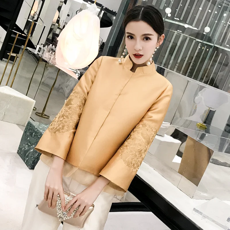 

Noble GOLD Chinese Female Overcoat Mandarin Collar Jacket Sping Autumn Long Sleeve Tang Clothes Embroidery Vintage Coat S-XL