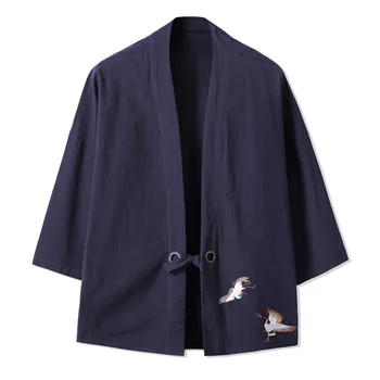 

Spring high street loose Embroidery kimono coat Men Japanese style Yukata Coat Men Vintage linen cotton Han jacket A62808