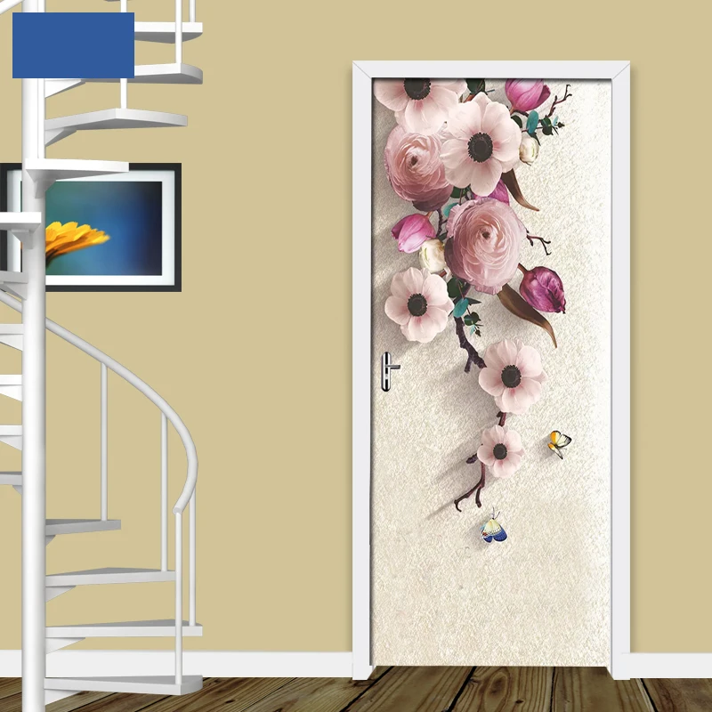 3D стерео HD ручная роспись Розовые Цветы Наклейка на дверь обои для гостиной спальни дверь наклейка на стену настенные наклейки для домашнего декора