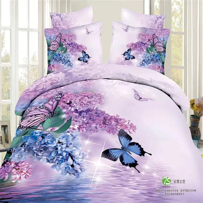 Blue and Light Purple Butterfly and Flowers Lilac Bedding Set Cotton Duvet Cover Pillowcase