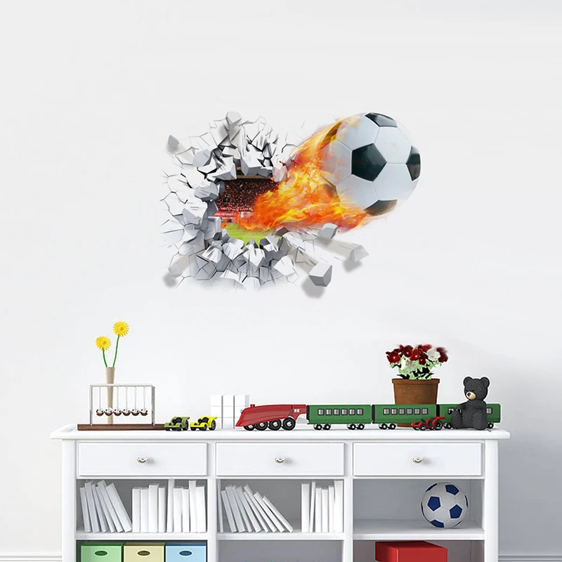 3D View Firing Football Through Wall Stickers For Home Kids Room Decoration Accessories Soccer PVC Mural Art Sport Game Poster 3D View Firing Football Through Wall Stickers For Home Kids Room Decoration Accessories Soccer PVC Mural Art Sport Game Poster