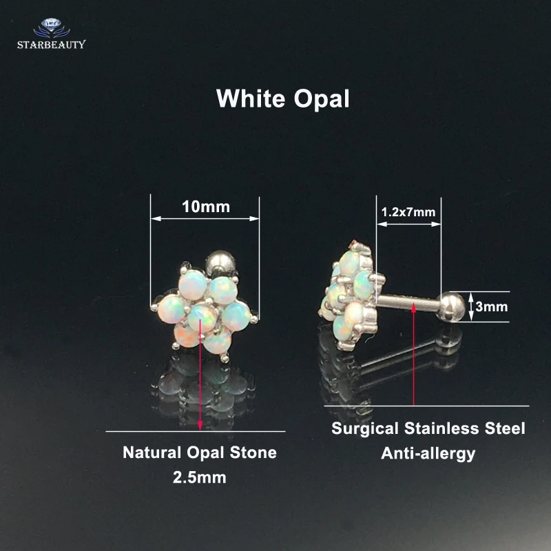 Горячая опал камень цветок трагус пирсинг 316L Хирургическая Сталь Ушной Хрящ Хеликс штанги губная серьга-гвоздик серьги ювелирные изделия для тела