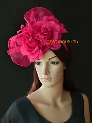 Новое поступление. ярко-розовое украшение с перьями фуксии с 3 шелковыми цветами для Кентукки Дерби