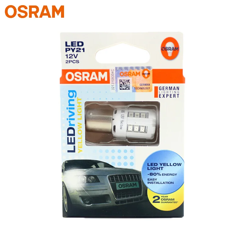 OSRAM СВЕТОДИОДНЫЙ riving Стандартный подходящий светодиодный S25 PY21W 7457YE янтарный цвет Автомобильный сигнальный светильник желтый противотуманный фонарь лампа заднего хода(Твин