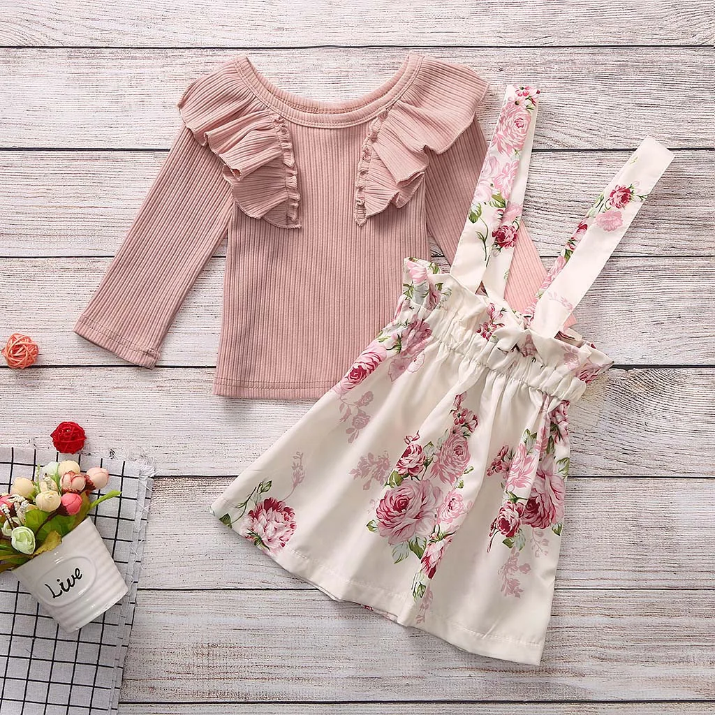 

Infant Kids Girl Clothes 1 to 4 Years Long Sleeve Ruffles Tops Floral Suspender Skirts Toddler girls boutique outfits Set 2019
