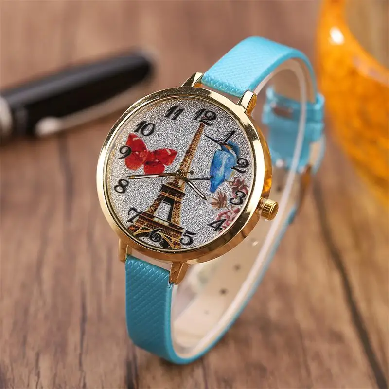MINHIN, женские персонализированные кварцевые часы, Парижская башня, дизайн, модный ремешок, часы для девушек, прекрасный браслет, часы, 8 цветов - Цвет: 3142 sky blue
