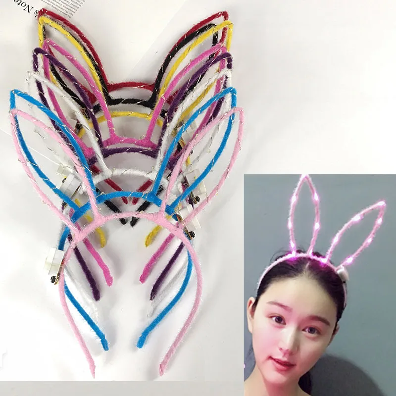 

LED Flashing Cute Pointed Bunny Rabbit Ears Hair Hoop Glowing String Lights Plush Cloth Wrapped Headband Party Supplies