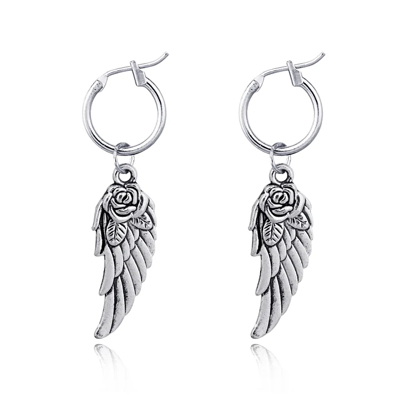 

1Pair Punk Angel Flower Wing Pendant Hoop Earrings For Women European Fashion Silver Color Hanging Earrings Jewelry E335