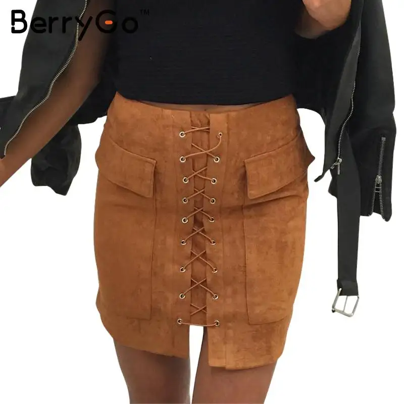 Image BerryGo Autumn lace up suede leather women skirt 90 s slim high waist vintage pocket short skirt Winter zipper wrap skirts