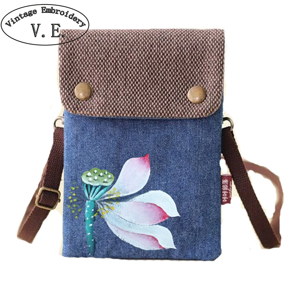 

Vintage Embroidery Hand Painted Bag Floral Embroidered Canvas Cover Shoulder Messenger Bags Women Small Coins Beach Phone Purse
