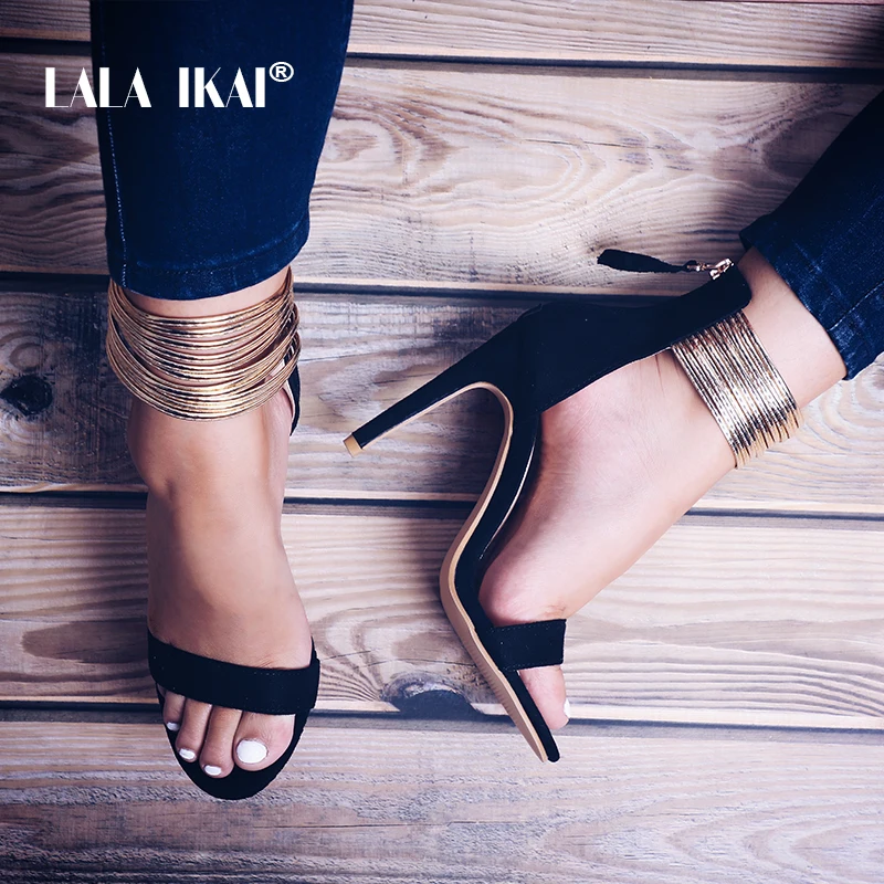 

LALA IKAI Golden Narrow Band Sandals Flock Gladiators Open Toes Thin Heel Party Shoes Woman Sandals Designeer 014C2194 -4