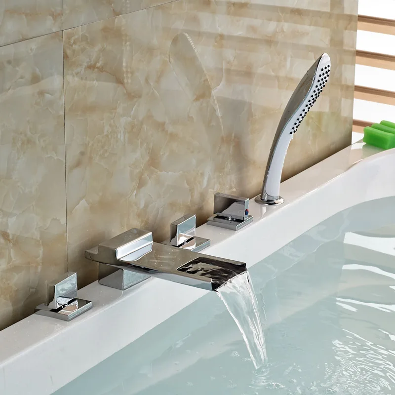 Polished Chrome Widespread Waterfall Bath Tub Mixer Taps 5pcs Bathtub Faucet with Handshower