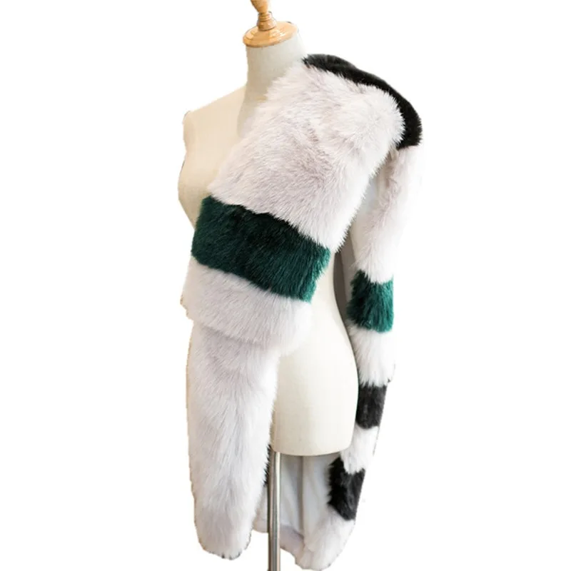 

Lady Blinger new long faux fox fur scarves blue white striped patchwork scarves fur pashmina women fur shawls and wraps