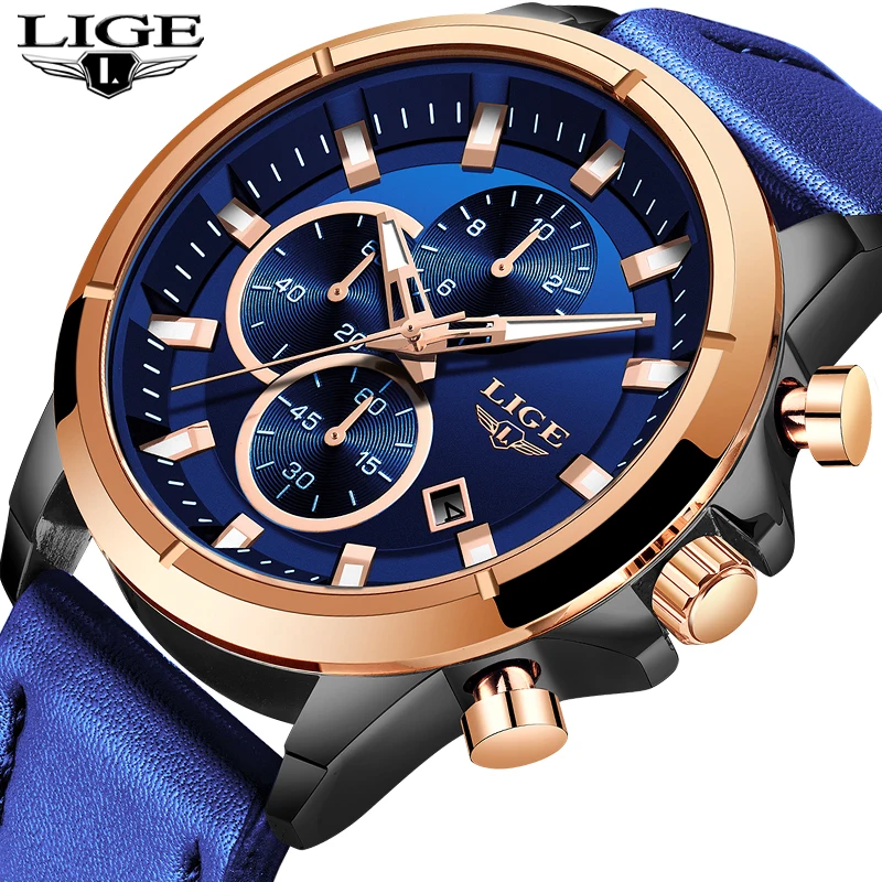

LIGE Luxury Brand Men Leather Waterproof Sports Watches Men's Army Military Watch Male Date Quartz Clock Relogio Masculino 2019