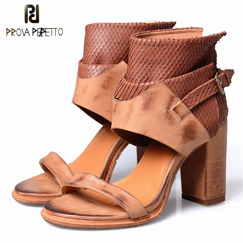 

Prova Perfetto Euramerican Sheepskin Genuine Leather Patchwork Chunky High Heel Woman Sandals Concise Buckle Strap Party Shoes