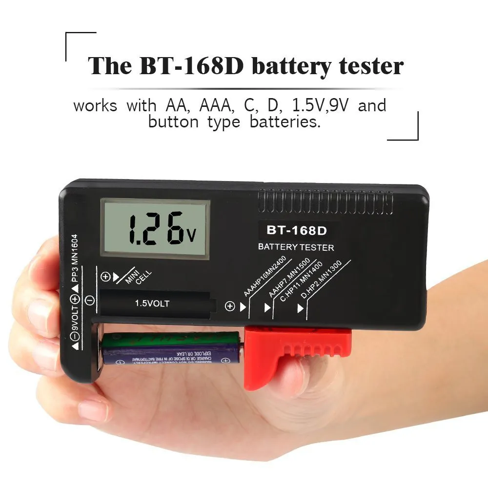 BT-168D, портативный цифровой тестер для батареи, проверка напряжения, для 9 В, 1,5 в, кнопочный элемент, перезаряжаемый, AAA, AA, C, D, универсальный аккумулятор