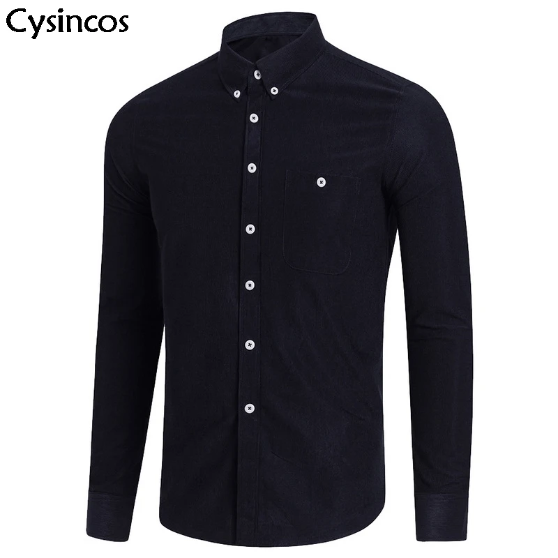 

Cysincos New 2019 Men's Corduroy Shirt Casual Solid Color Long-sleeved Autumn Fashion Slim Fit Vintage Chemise homme Plus Size