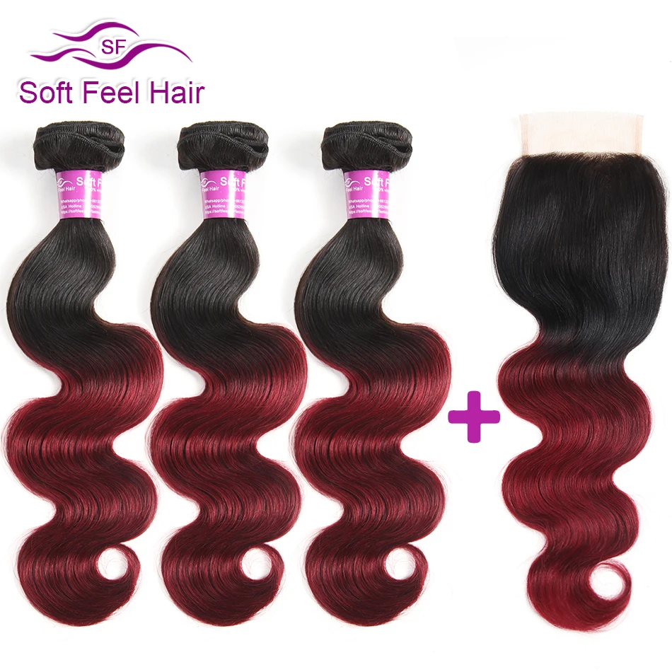 Soft Feel Hair Ombre Brazilian Human Hair Body Wave 3 Bundles With Closure T1B/Burgundy Non Remy Hair Weave Red Lace Closure brazilian-body-wave-hair-bundles