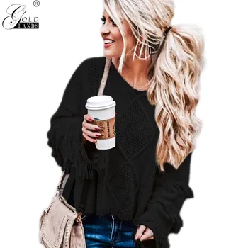 

Gold Hands Autumn Winter Office Lady Solid Ruffles Hand Knitted Sweater Round Neck New Fashion Pullover Sweater Free Shipping