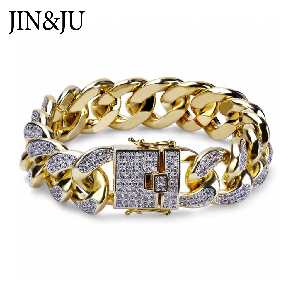 

JIN&JU Fashion AAA Clear Zircon High Quality Bangles Gold Color Miami Cuban Link Chain Bracelet Hip Hop