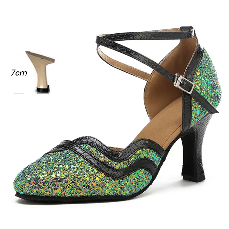 Женские туфли на высоком каблуке для латинских танцев/сальсы; блестящие туфли с закрытым носком; женские бальные туфли для танго; обувь для профессиональных танцев; Каблук 5 см/7 см/8 см - Цвет: Green 7cm