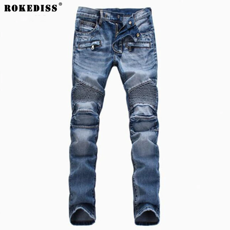 

Men's Fashion Brand Designer Ripped Biker Jeans Men Distressed Moto Denim Joggers Washed Pleated Jean Pants Black Blue TC134