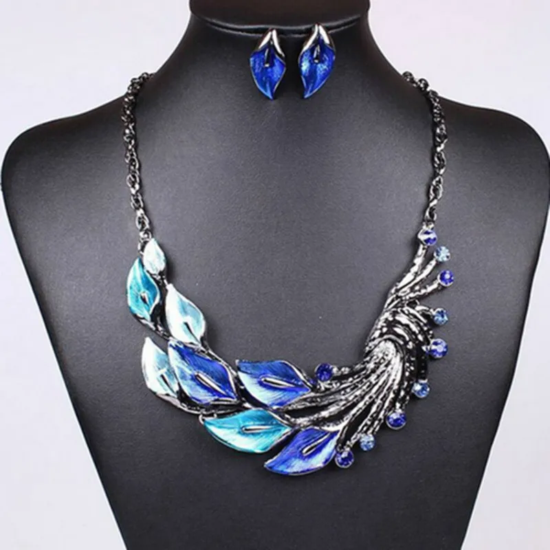 SPINNER European Jewelry Set Necklace Earrings Peacock Tail In Love