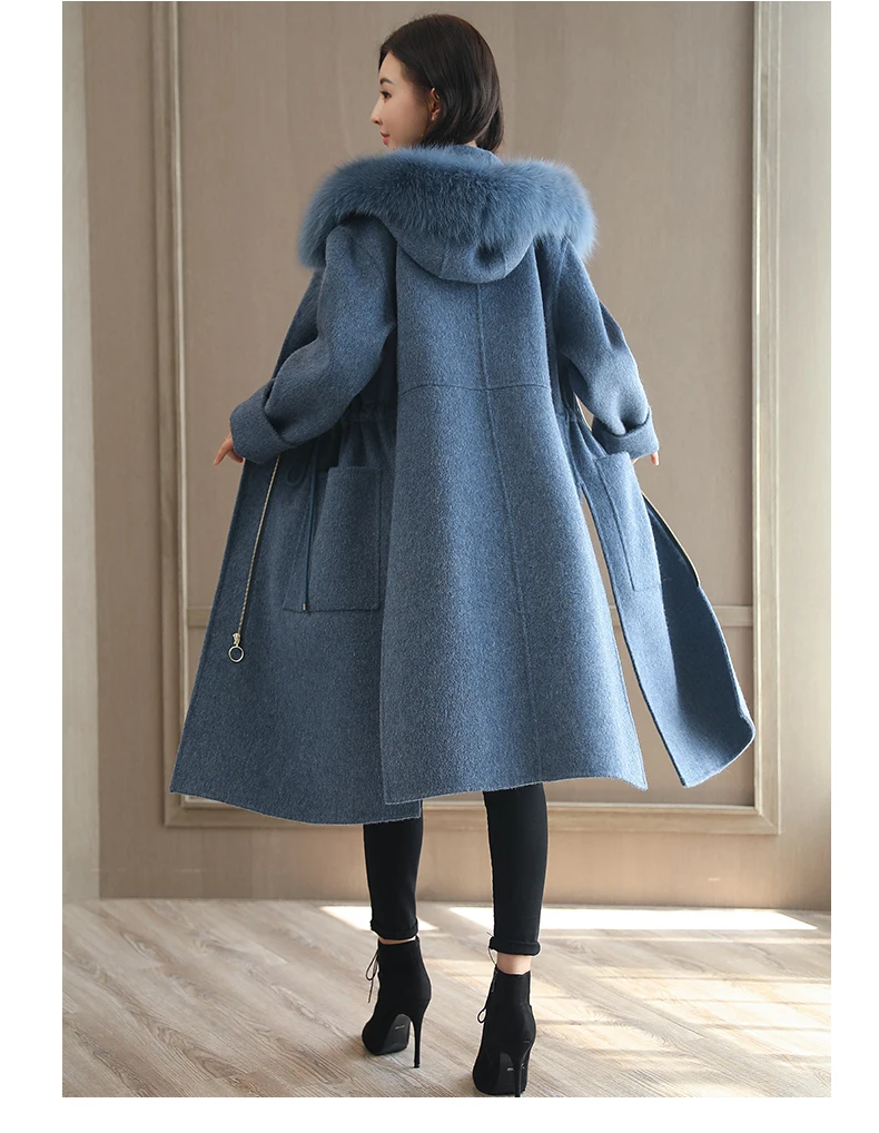 YuooMuoo Новое высококачественное дизайнерское кашемировое пальто Женская Длинная зимняя куртка шерстяное пальто синее Искусственное перо с капюшоном шерстяное пальто