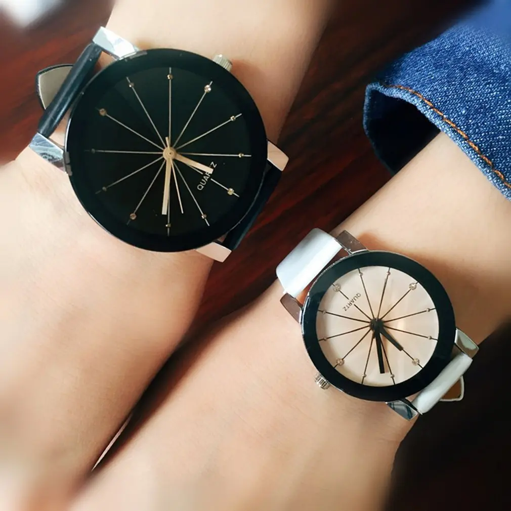 

Lovers Leather Band Strap Wrist Watch Men Women Meridian Rays Style Casual Big Round Dial Soft Quartz Wrist Relogio Masculino