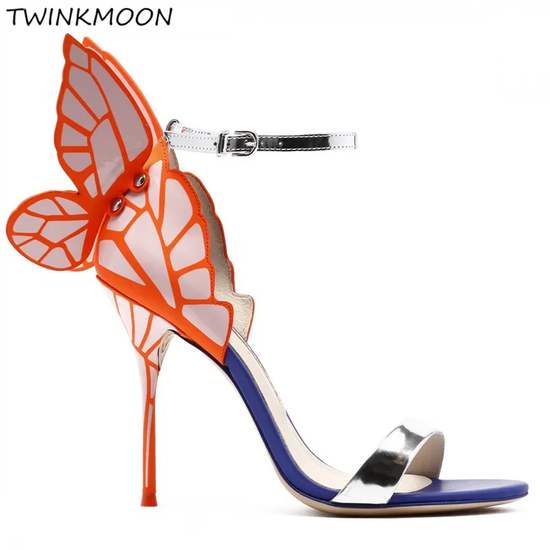 

Butterfly Wing Designer Women Sandals Mirrow Metallic Embroidered Ankle Strap High Heels Shoes Glitter Woman Gladiator Sandals