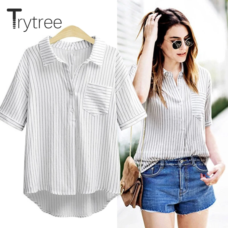 

Trytree Summer Women Striped Blouses Casual Polyester Linen Shirt Office Lady Turn-down Collar Pockets Tops Plus Size Shirts