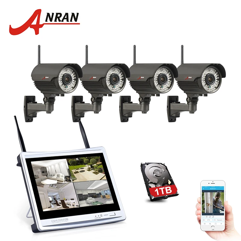 

ANRAN Surveillance P2P 4CH WIFI NVR 12'LCD Monitor 2.8-12mm Lens 78 IR Outdoor 1080P IP Wireless Camera Security System Kits HDD