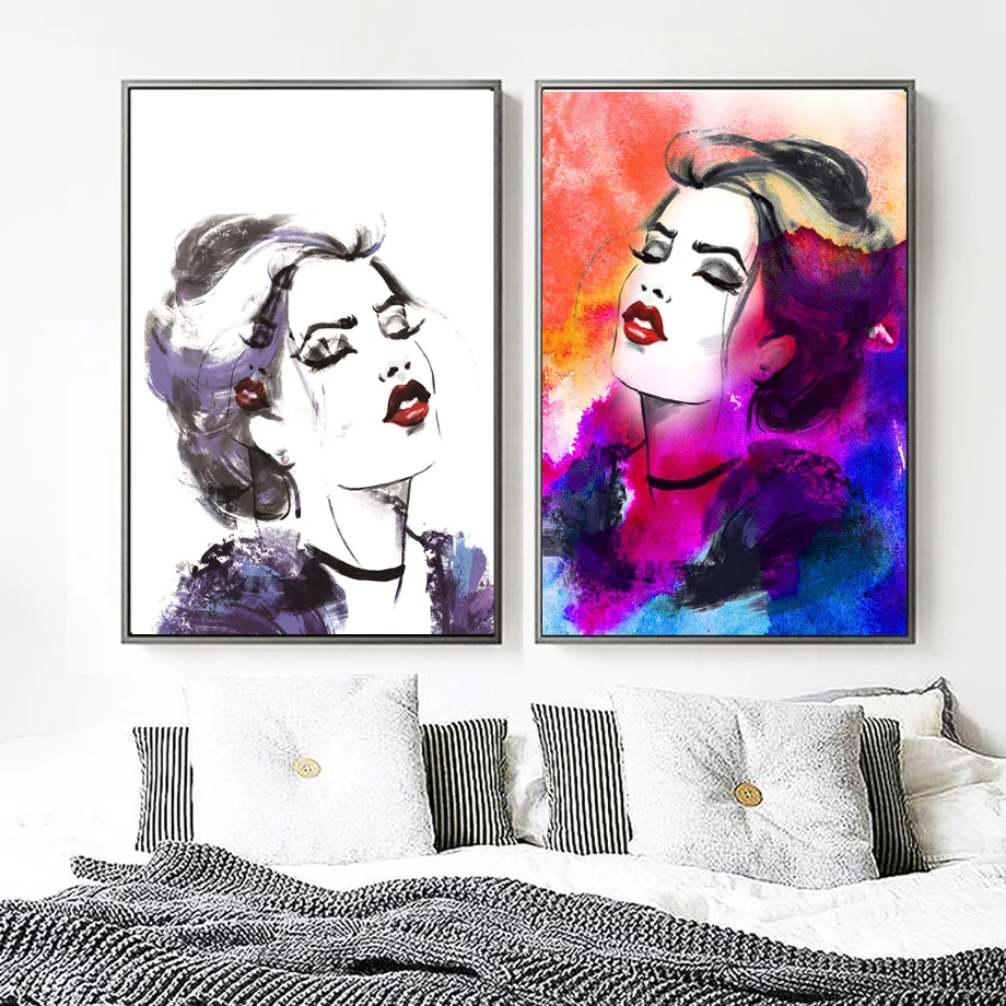 

Watercolor Fashion Girl Portrait lips Wall Art Canvas Painting Nordic Posters And Prints Wall Pictures For Living Room Decor