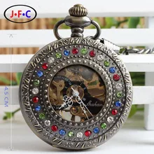 Vintage reloj de bolsillo mecánico hueco de bronce de piedra de diamante reloj lista de hombres y mujeres de semi automático reloj B095