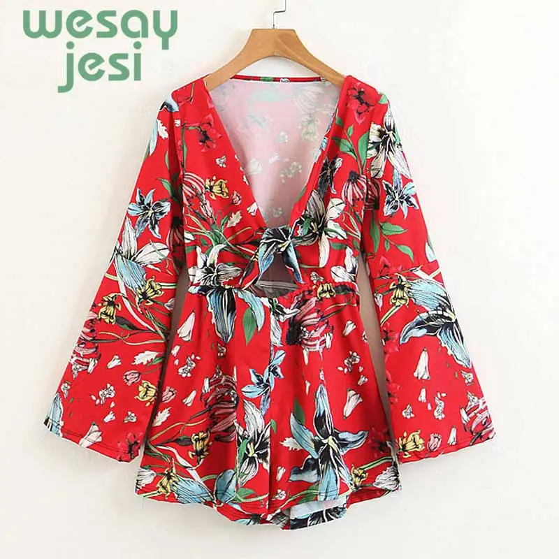 

2019 Red Floral Rompers Japanese Style Kimono Jumpsuits Long Sleeve Sexy Playsuits summer Floral Printing V Neck Sexy Coveralls