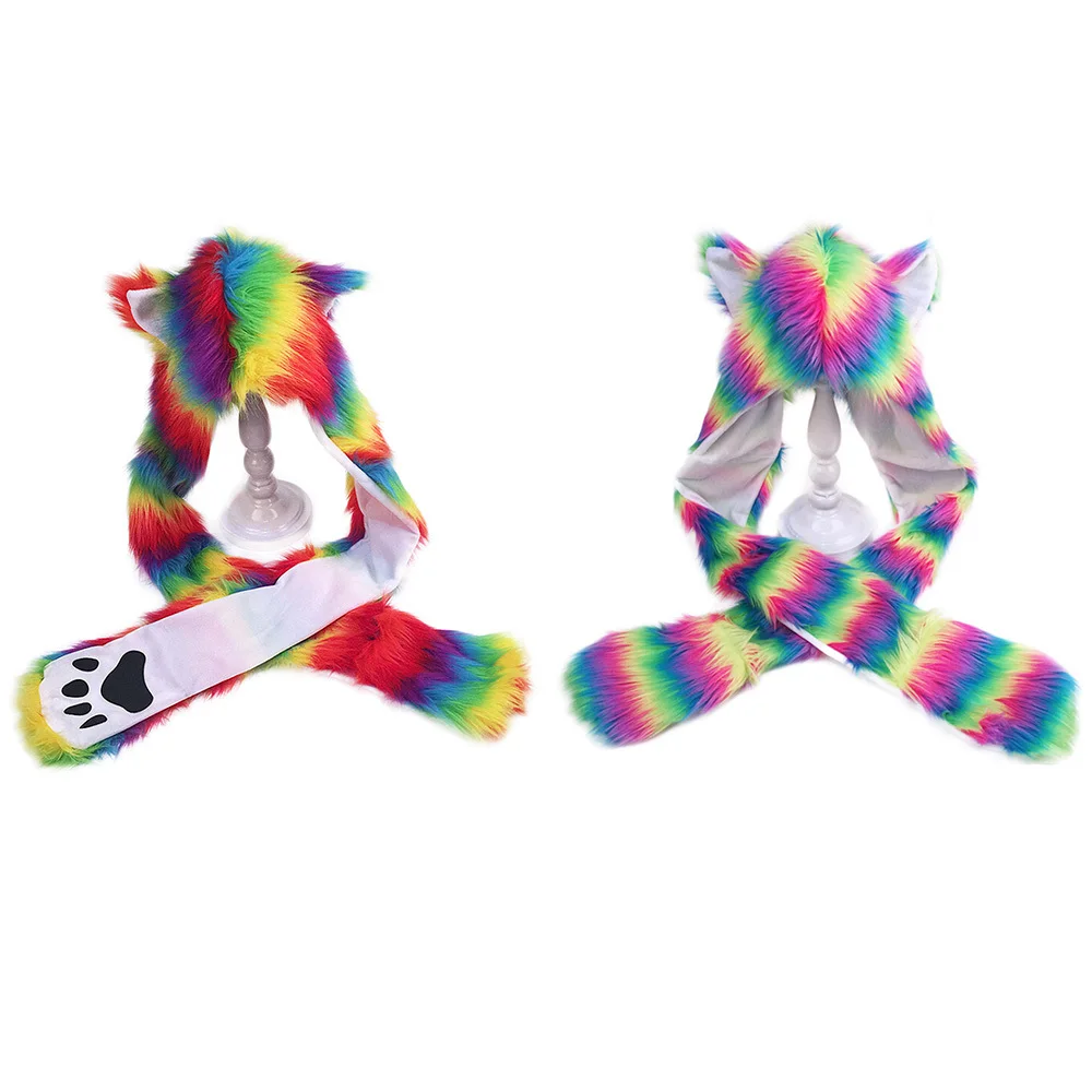 

1PC Winter Warm Plush Faux Fur Animal Paws Hat Hoods Gloves Scarf Costume Warm Earmuff Animal Cap with Scarf Glove