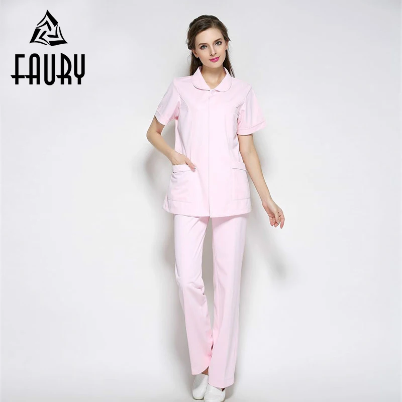 

Nurse Clothes White Lab Coat Short Sleeve Tops Pants Pharmacy Front Desk Beauty Salon Hospital Medical Scrub Sets Work Uniform