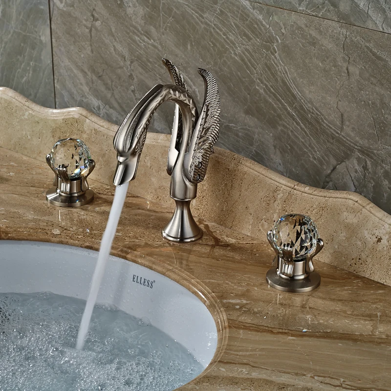 Brushed Nickel Swan Basin Sink Faucet Widespread Bathroom Mixer Crane Taps Deck Mounted